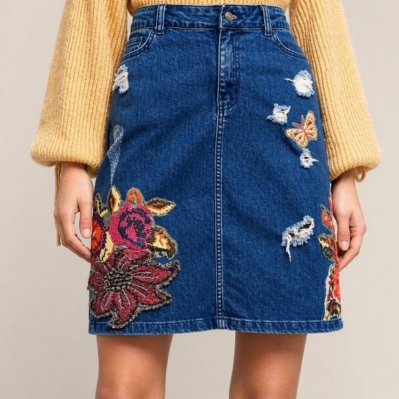 Anthropologie Dresses & Skirts - Anthropologie NEW Cecilia Prado Gardeners Denim Embroidered Jean Skirt SZ Small
